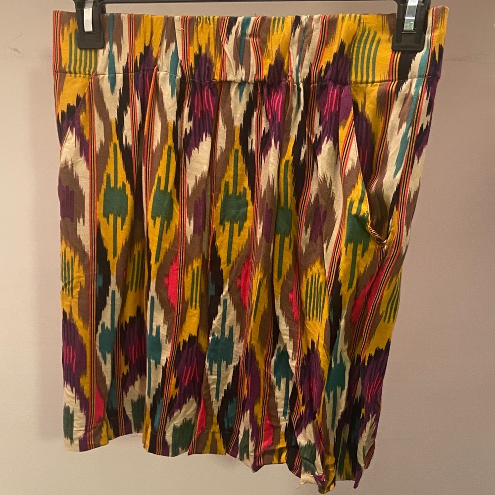 CAbi Multicolor Ikat Mini Skirt in Mustard, Teal & Magenta
